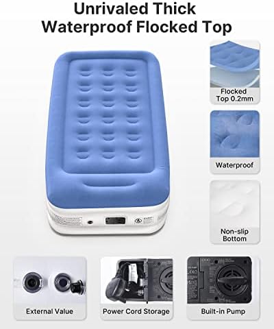 iDOO Single Size Air Bed with Built-in Electric Pump and Pillow, Inflatable bed in 3 Mins Self-Inflation/Deflation, Comfortable Flocked Surface Blow Up Bed for Home Camping 192x105x46cm, 249kg MAX