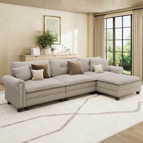 Image of HERA'S HOUSE 116 inch Oversized L Shaped Modular Sectional Couch Living Room | Mid-Century Modern 4-Seater Cloud Sofa, Light Gray, Rolled Arms & Nailhead Trim, Wider & Deeper Seats, Ottoman, Linen