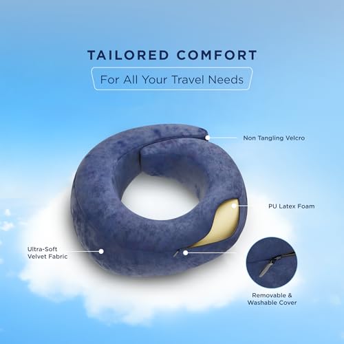Image of The Sleep Company Travel Neck Pillow | PU Latex | Neck Support | Perfect For Flights, Car, Train and Bus Journeys | Dual Height Design | Compact Zippered Case | Light Weight | Adjustable Velcro | Blue