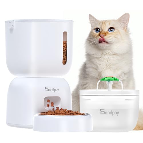 Sandpoy Automatic Cat Feeder and Water Dispenser, 3L Cat Food Dispenser with Locking Lid, Timed Cat Feeder for Dry Food, Portion Control, 4 Daily Meals, Pet Feeder for Cats and Puppies (White)