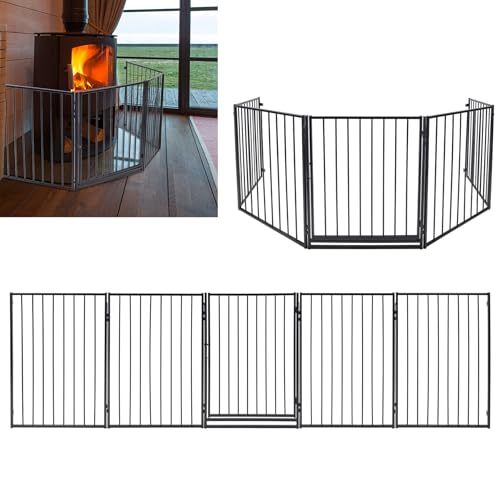 MAYTIIMO Kaminschutzgitter mit Tür Schwarz Ofenschutzgitter 5-teilig Gesamtlänge 305 cm Türschutzgitter Faltbar Absperrgitter Laufstall für Kinder Haustier