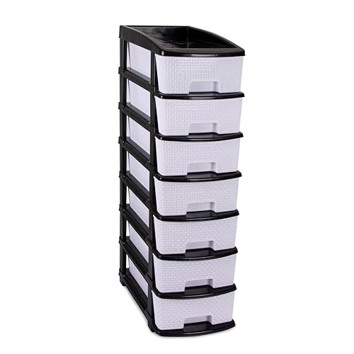 Image of Plastic Modular Drawer Storage Chest Of Drawers Organizer Storage Box, Large Stomo Racks For Multipurpose Anti-slip Shoes Organizers (White & Black, 7 Layer)