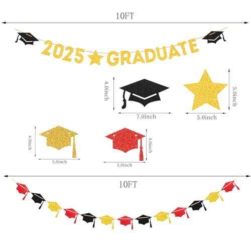 Image of Red Black-Gold Party-Decoration Graduation Banner - 8pcs Kits Cap Garland Streamers, Paper Tissue Pom Poms Flowers, 2025 Craduate Banner Congratulations Grad Decor Lasting Surprise
