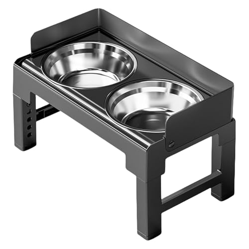 haoyunshengyi ペットボウル 台 お皿 中型犬 大型犬 ペット用品 食器 フードスタンド付き 高度調節4段 早食い防止 滑り止め 給水 給餌容器 取り外し可能 折り畳んで収納 洗いやすい (ブラック,ダブルステンレススチール)