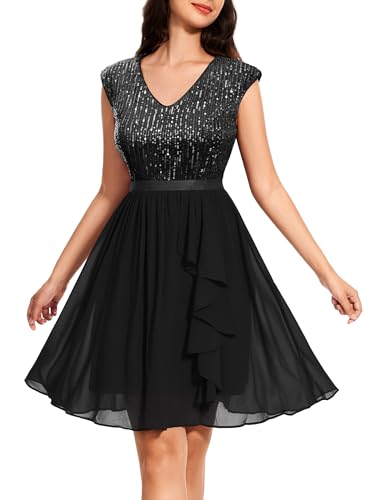 Wedtrend Vestido de Lentejuelas para Mujer, Manga Casquillo, Vestido de cóctel Brillante, Vestido Corto con Volantes, Vestido de Regreso a casa 2024, Negro -, XXL