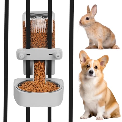 Kenond 55oz Hanging Automatic Rabbit Feeder, 1.6L Large Capacity Gravity Food Dispenser with Stainless Steel Bowl,for Dog, Cat, Ferret & Medium-Small Animals,Fits Widemouth Cages& Wire Cages & Crates