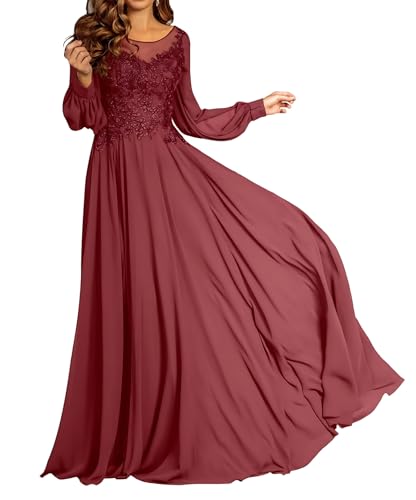Long Sleeve Chiffon Mother of Bride Dresses for Wedding Lace Applique Mother of The Groom Formal Evening Gowns