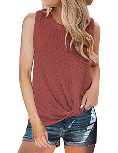 WNEEDU Waffelstrick-Tanktop für Damen, Rundhalsausschnitt, gedrehtes Knoten, ärmelloses T-Shirt, ziegelrot, Klein Cover