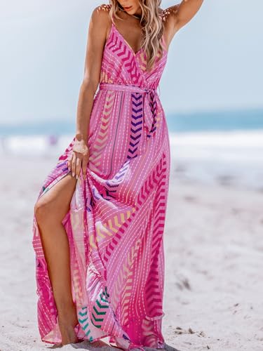 CUPSHE Women Maxi Dresses Spaghetti Straps V Neck Sleeveless Belted Beach Boho Ruffled Summer Pockets Vacation Casual Dress2
