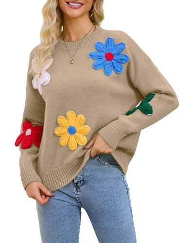 Image of Women Floral Sweater Casual Colorful Flower Knit Pullover Top