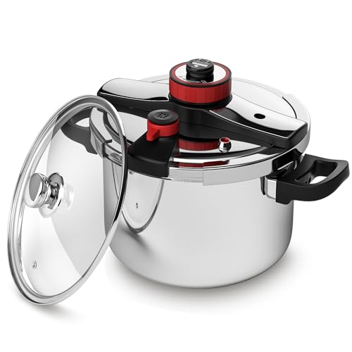BreeRainz 304 Stainless Steel Pressure Cooker 8.45QT, 3-Stage PSI Settings, One-Hand Locking,Explosion-Proof Pot w/Extra Glass Lid, Timer, Steaming Rack(Induction Compatible Olla de Presion)