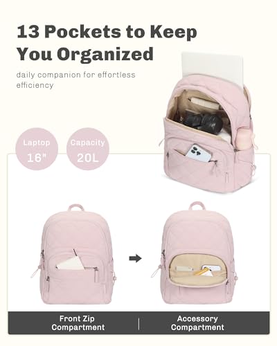 Hynes Eagle Travel Laptop Backpack Quilted College Backpack for Women Puffer Casual Daypack Personal Item Bag for 16 Inch Light Pink4