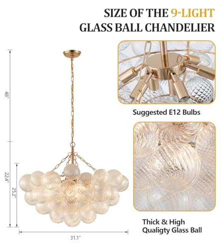 MEIXISUE Modern Glass Chandelier,9 Light Nordic Bubble Ball Swirled Glass Globe Gold Large Pendant Light Fixtures for Foyer Bedroom Dining Room Living Room Kitchen Entryway D31.1 in UL Listed
