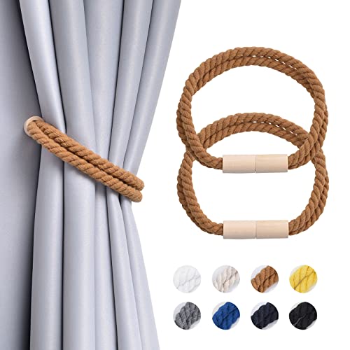 NICEEC 2 Pack Wooden Magnetic Curtain Tiebacks Boho Decoration Drape Tie Backs Natural Cotton Handmade Double Rope Curtain Holdbacks for Thin or Thick Home & Office Window Drapery (New Coffee)