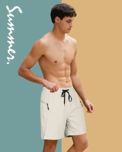 Cozople Mens Bathing Suit With Compression Lined Light Khaki Anti Chafing Swim Trunks Summer Quick Dry Swimming Trunks Beach Shorts #TOP3