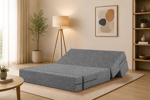 Image of Two Seater Sofa Cum Bed Jute Fabric 4 X 6 Ft| Space Saving Foldable Sofa Bed for Living Room & Guest Room | Comfortable Multi-Functional Furniture - Grey