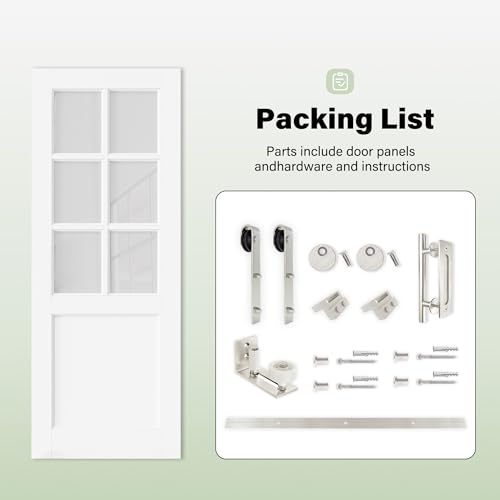 Image of 36 inch x 80 inch Presembled Barn Door with 72 inch Track Kit, Top 6-Lite Frosted Glass Bottom MDF Solid Core Panel Sliding Barn Door for Closet Kitchen Bedroom Pantry, Nickel-Plated Hardware Kit, Easy to Install