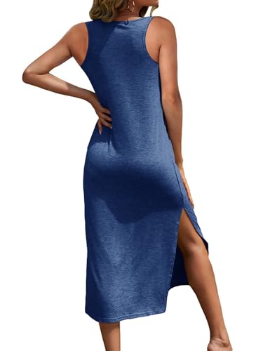 Image of Dyexces Women Summer T Shirt Dress Casual Short Sleeve V Neck Maxi Dresses Loose Side Slit Long Tshirt Dress with Pockets