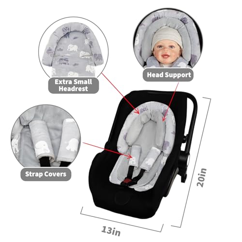 Image of Baby Car Seat Head Support with Extra Headrest, 2-in-1 Babybody Supports with Shoulder Pads Set for Newborn, Adjustable Infant Car Seat Insert Compatible with Stroller, Baby Swing, (Grey Elephant)