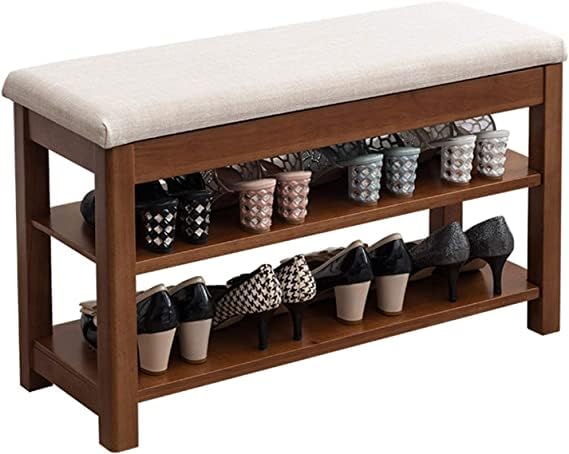 Image of OGESTA Premium Sheesham Wood Shoe Rack with Upholstered Bench - 2-Tier Solid Wood Entryway Shoe Organizer - Durable Hallway Storage Bench for Living Room & Bedroom (Gray, 24inch)