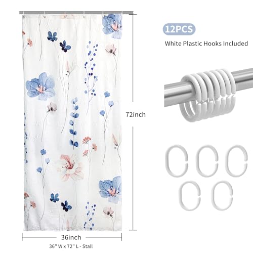 QIYI Small Stall Half Watercolor Floral Shower Curtain, 3D Embossed Butterflies Blue Flower Cloth Bathroom Curtain, Waterproof Fabric White Shower Curtain Set with Hooks by QiyI - Image 8