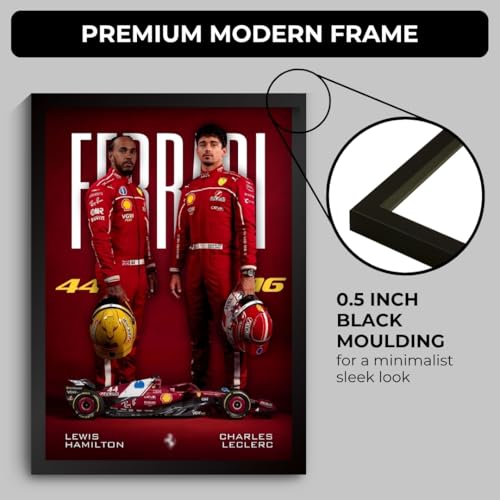 Image of Ferrari F1 Poster | Lewis Hamilton & Charles Leclerc Framed Ferrari F1 Car A4 Sized (31 x 23 cm) | Lewis Hamilton Poster | Ferrari Car Frame Posters for Wall, Gift for Boys, Formula 1 Frames | Formula 1 Framed (F 015)