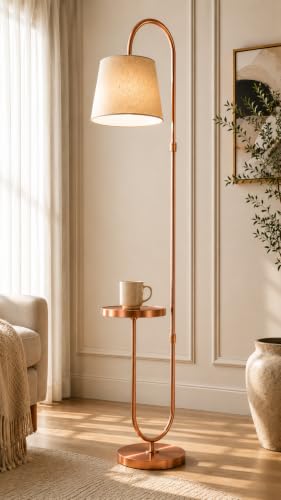 Image of Deco Crush Floor Lamp with Side Table and Beige Linen Fabric Lampshade, 60 Inch Tall Modern Metal Standing Reading Lamp for Living Room, Bedroom, Office, Study Room & Home Decor (Rose Gold)