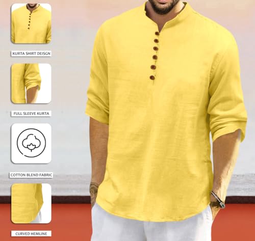 Image of FINIVO FASHION Men's Solid Cotton Blend Regular Fit Straight Kurta with Roll of Sleeve and Classic Collar, Pack of 1