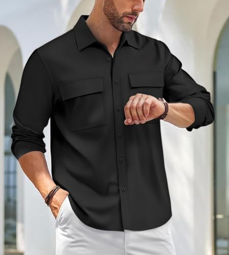 Alex Vando Mens Button Down Shirts Two Pockets Long Sleeve Casual Dress Shirt for Men
