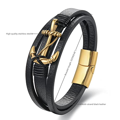 Three-strand Black Leather Bangle Bracelet Gold Color Steel Sailing Rope Marine Anchor3