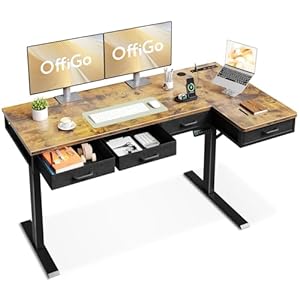 63 Inch L Shaped Electric Standing Desk with Drawers, Height Adjustable Large Desk with Power Outlets, Sit Stand Table, Writing Computer Desk for Home, Office, Workstation, Rustic Brown