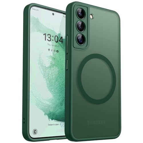 Image of CANSHN Designed for Samsung Galaxy S22 Case [Full Camera Protection] [Compatible with MagSafe] Translucent Matte Shockproof Protective Phone Cover 6.1 Inch - Deep Green