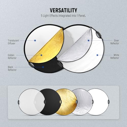 Image of NEEWER 51 inch /130cm Light Reflector with Handle Grip & 3 /8 inch Thread, 5 in 1 Foldable Disc Light Diffuser Translucent /Silver /Gold /White /Black for Photography Lighting, Outdoor Lighting, RF-130II