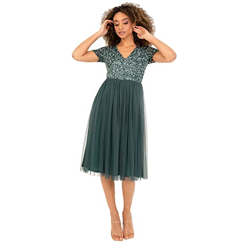 Maya Deluxe Damen Midi-Kleid mit V-Ausschnitt, Verziert Brautjungfernkleid, Emerald Green, 44