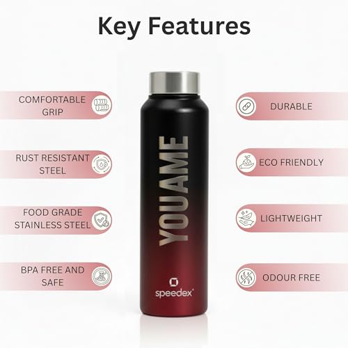 Image of Speedex Customised Engraved Name Stainless Steel Water Bottle 1 Ltr - Personalised Screw Cap Bottle for Kids, Men & Women, School, Office, Gym, Black Wine, Set of 1