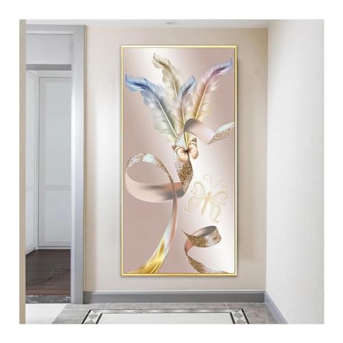 Toile avec ruban doré et plume blanche pour illuminer votre intérieur