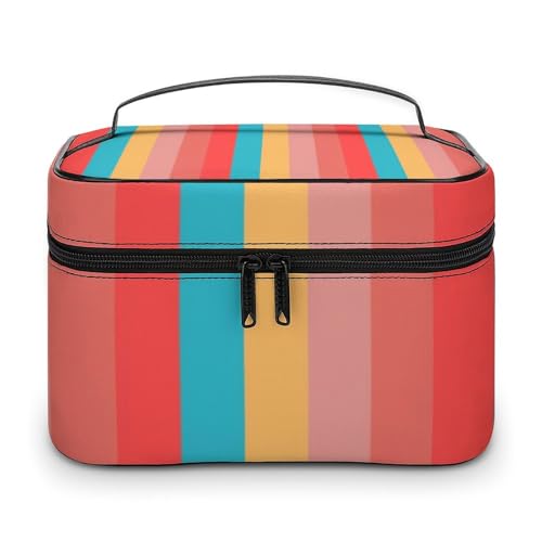 Leather Cosmetic Case, Coral Turquoise Yellow Stripes Portable Makeup Bag Organizer Large Capacity Travel Toiletry Bag with Zipper
