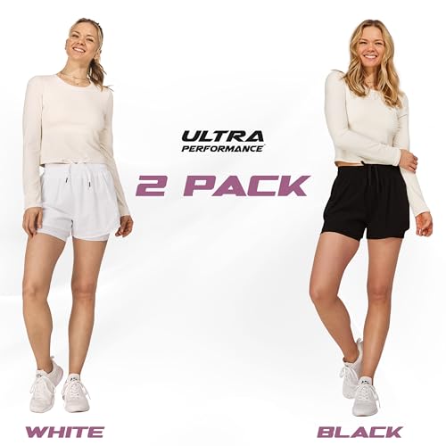 Ultra Performance Gym Shorts Women Pack of 2, Nylon Compression Workout Shorts Women with Liner2