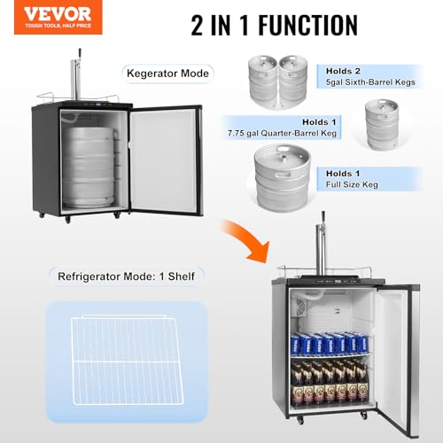 Image of VEVOR Beer Kegerator, Single Tap Draft Beer Dispenser, Full Size Keg Refrigerator With Shelf, CO2 Tank(No Gas), Drip Tray & Rail, 23F- 82.4F Temperature Control, 162L, Silver