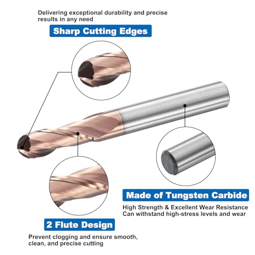 Image of HARFINGTON Ball Nose End Mill 2 Flute 19 /64 inch Diameter 5 /16 inch Shank Tungsten Carbide TICN Coated Spiral CNC Router Bits 13 /16 inch Cutting Length Single End Ball for Carving Engraving Grinding