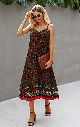 Image of Angashion Women's Dresses Floral Adjustable Spaghetti Strap V Neck Boho Long Maxi Dress Summer Beach Flowy Ethnic Sundress