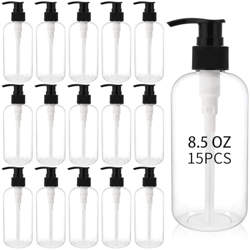 DISWALE 15 Pcs 8.5 oz Empty Pump Bottles, Clear Refillable Plastic Dispenser Bottles for Shampoo, Lotion, Hand Soap, Body Wash, Oil, Moisturizer, Travel Liquid Containers by DISWALE - Used condition - US$14.96