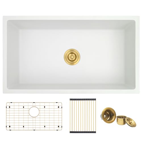 MILOSEN White Undermount Kitchen Sink, 30''x18'' Single Bowl Granite Comoposite Kitchen Sinks, Large and Deep Sinks with Custom Accessories, Drop in Quartz Sink