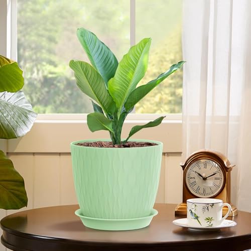 Image of StyleX Store Plastic Round Flower Pots with Drainage Hole Saucers | Durable Outdoor Indoor Wave Pattern Planters with Tray | Plant Containers for Garden, Office, Balcony and Home (Set of 5, Green)