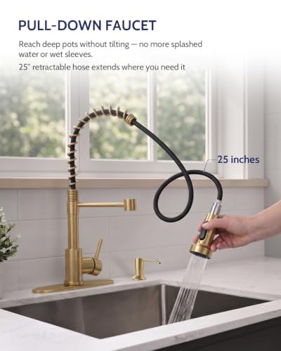 Image of LUFEIDRA Pull-Down Kitchen Faucet with Soap Dispenser, Gold