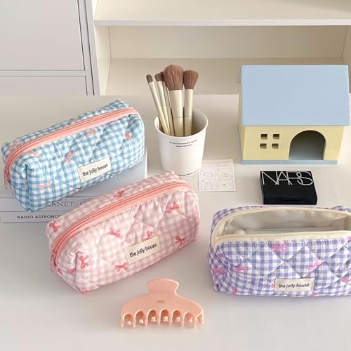 Image of Carry bloom Pencil Pouch Cute Pencil Case for Girls Aesthetic Pencil Bag with Zipper Pen Cases School Supplies Makeup Bag (Checkered bow purple)