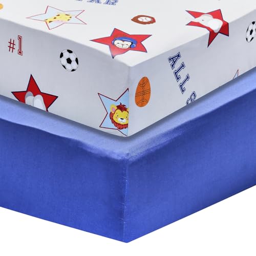 Image of EVERYDAY KIDS 2 Pack Fitted Boys Crib Sheet, 100% Soft Breathable Cotton Baby Sheet, Fits Standard Size Crib Mattress 28in x 52in, Nursery Sheet with Giraffe, Elephants Sports Theme and Solid Blue