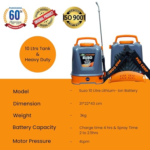 Image of Pad Corp Lithium Suzo 10 Liter Battery Sprayer Tank Capacity, Very Light Weight, Rechargeable Lithium Battery Suitable Small Office or Home or Bungalow Or Garden (Grey & Orange)