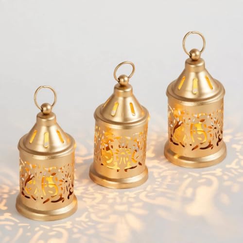 Image of Nutech Decor Hanging Metal Candle & Tealight Holder Lantern Set With LED Candle - Decorative Golden Vintage Lanterns for Home, Living Room, Dining Table, Balcony, Garden & Festival Gifting (Pack of 3)