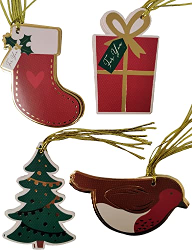 20 Luxury Christmas Tags – Festive Shaped Tags with Gold String – 4 Assorted Designs – Tree, Stocking, Robin & Gift – Blank on Reverse – Eco-Friendly Card – Xmas Wrapping Accessory